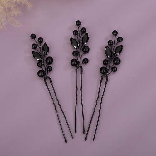 Teyglen 3pcs Pearl Bride Wedding Hair Pins Bridal Crystal Pearl Hair Pins Clips Handmade Black Rh...