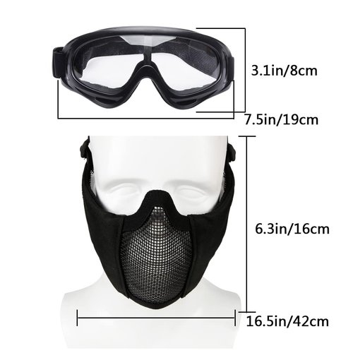 AOUTACC Airsoft Protective Gear Set, Half Face Mesh Mask with Ear Protection and Tactical Goggles for Adult Men Women BBS Paintball Shooting CS Survival Games Cosplay (Black)
