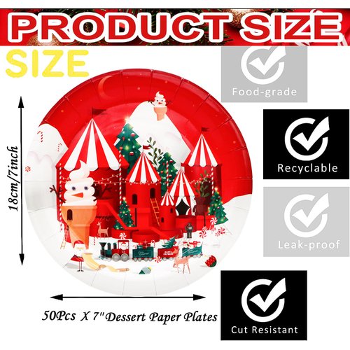 GOGUOGOFA 50Pcs Christmas Party Plates Christmas Party Supplies Xmas Party Decoration 7" Christmas Dessert Paper Plates Christmas Tree Plates Christmas Theme for Holiday Merry Christmas Party Decor