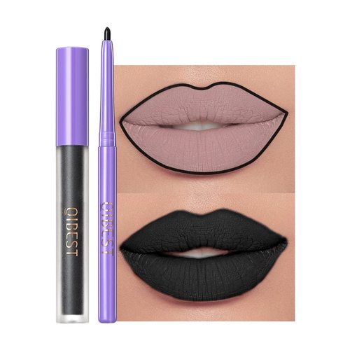 Easilydays 2 Pcs Halloween Dark Matte Liquid Lipstick + Lip Liner Pens Sets, 8 Colors High Pigmented Goth Sexy & Bold Lip Gloss, 24H Waterproof Long-lasting Matte Lipstick , Non-Stick Cup Velvety Lip Makeup for Women (01 Black)