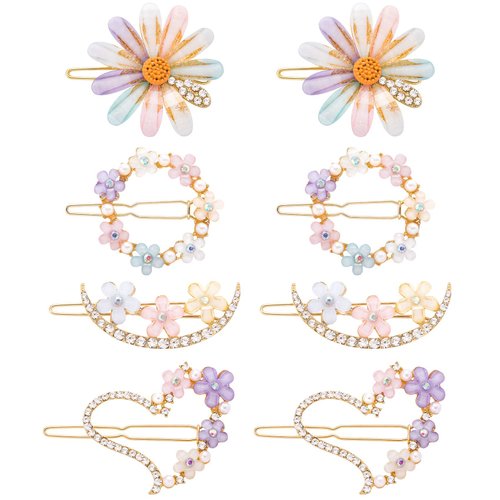 PAGOW 8PCS Cute Hair Clips for Women Girl Daisy Heart Moon Bobby Hairpins Glitter Crystal Flower Rhinestone Barrettes Handmade Metal Jewelry Wedding Prom Valentines Birthday Accessories