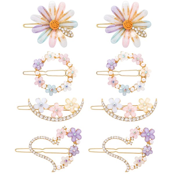PAGOW 8PCS Cute Hair Clips for Women Girl Daisy Heart Moon Bobby Hairpins Glitter Crystal Flower Rhinestone Barrettes Handmade Metal Jewelry Wedding Prom Valentines Birthday Accessories