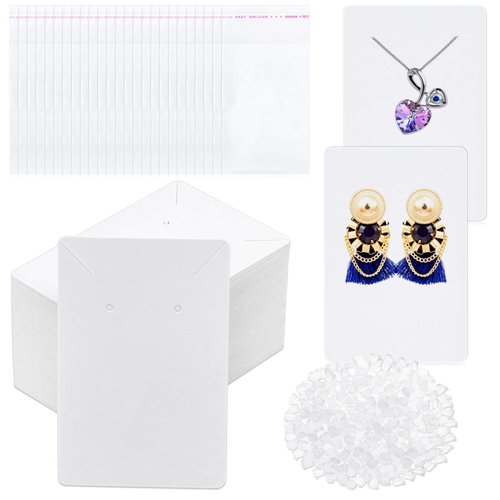 anezus White Earring Cards, 400 Pcs Earring Packaging Supplies Kit with Earring Display Holder Cards Self-Sealing Bags Earring Backs, Cardboard Paper Necklace Cards for Jewelry Display