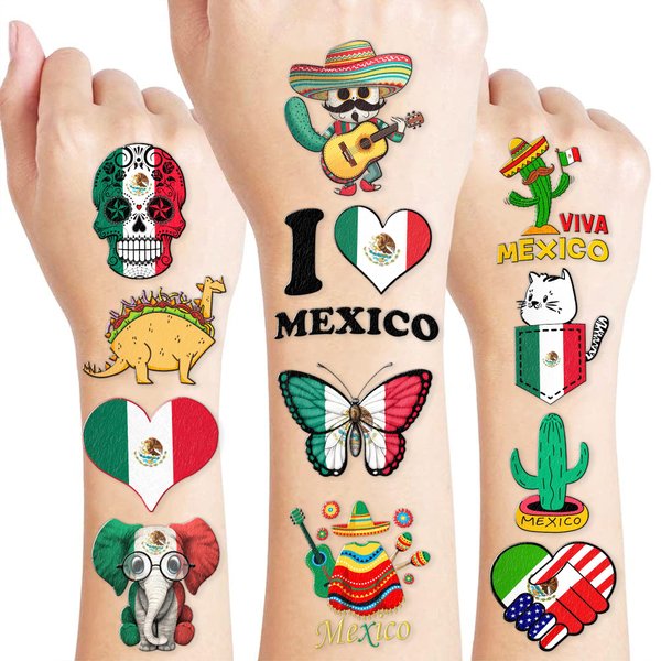 Mexico Independence Temporary Tattoos Viva Mexican Party Decorations Favors Supplies Mexican Themed Cute Stickers 10 Sheets 100 PCS Gifts for Baby Girls Boys Class School Carnival