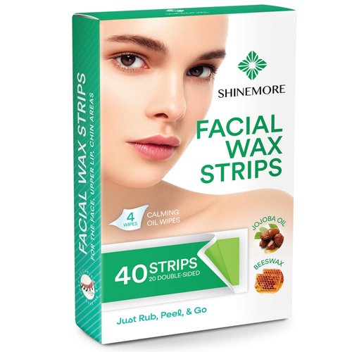 ShineMore Facial Wax Strips,Hypoallergenic for All Skin Types - Wax strips for hair removal - Gentle and Fast-Working for Face, Eyebrow, Upper Lip, and Chin (40 Women Wax Strips + 4 Calming Oil Wipes)