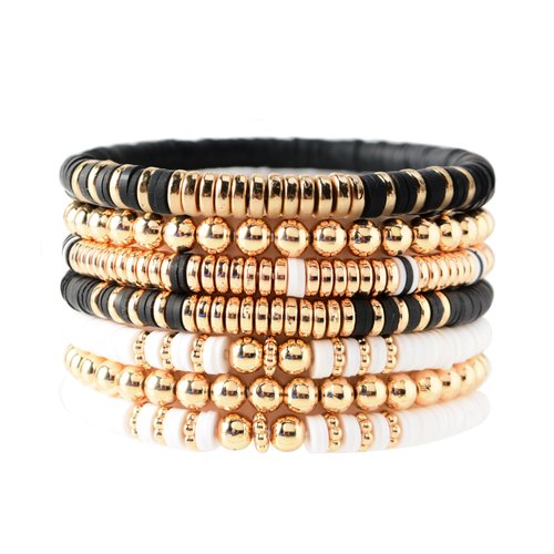 GOOJIDS Black Surfer Heishi Clay Bead Bracelets for Women Bohemian Stackable Vinyl Disc Beaded Stretch Bracelets Layering Friendship Bracelets Boho Jewelry