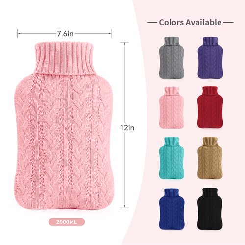 samply Hot Water Bottle with Knitted Cover, 2L Hot Water Bag for Hot and Cold Compress, Hand Feet Warmer, Ideal for Menstrual Cramps, Neck and Shoulder Pain Relief, Pink