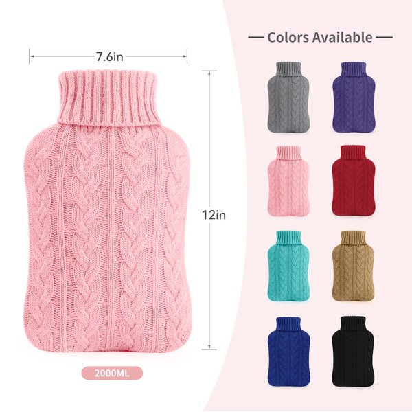 samply Hot Water Bottle with Knitted Cover, 2L Hot Water Bag for Hot and Cold Compress, Hand Feet Warmer, Ideal for Menstrual Cramps, Neck and Shoulder Pain Relief, Pink