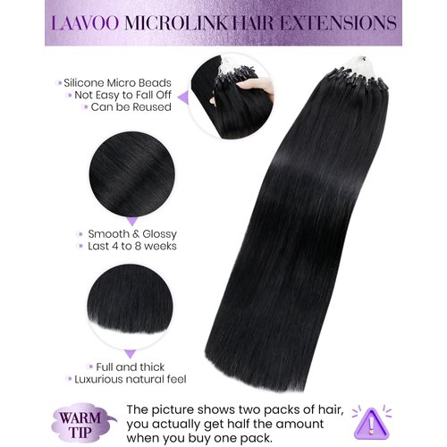 LaaVoo Microlink Hair Extensions Human Hair Black Micro Loop Hair Extensions 18" Jet Black Micro Bead Hair Extensions Real Human Hair 1g/s 50g