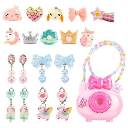Kids Jewelry for Girls, Adjustable Clip on Earrings for Girls and Kids Rings for Girls in Camera Shaped Box, Toddler Jewelry Toys for Little Girl Princess Dress Up Christmas Birthday Gift, Party Favor