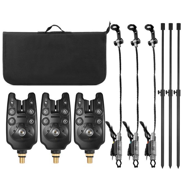 Lixada Fishing Bite Indicators Kits, 3 Fishing LED Alarm Alert 3 Extending Aluminum Alloy Fishing Bankstick 3 Fishing Swinger with Padded Fishing Tool Bag, Fishing Bag Fishing Bite Alarm Set