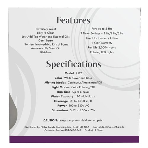 NOW Foods Essential Oils, Ultrasonic Aromatherapy Oil Diffuser, Extremely Quiet, Heat Free and Easy to Clean, Color Changing LED Diffuser