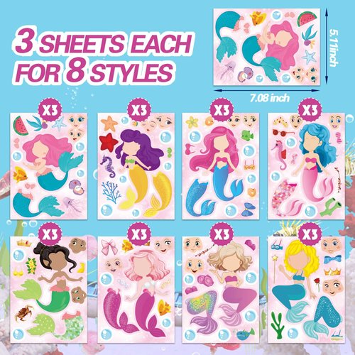 24 Sheets Mermaid Stickers Make Your Own Mermaid Stickers Party Favors Make A Mermaid Stickers Mermaid Make A Face Stickers for Kids Party Favors,Classroom Rewards,Mermaid Themed Art Craft Supplies