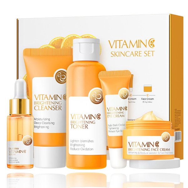Vitamin C Skincare Set, 5 In 1 Skincare Gift Set With Cleanser, Toner, Face Serum, Face Cream, And Eye Cream, Skin Care Products For Teen Girls, Long Lasting Moisturizing Skincare Set For Women Girls