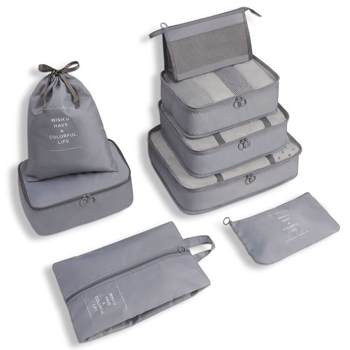 WOOMADA 8 Set Packing Cubes for Suitcases Travel Essentials Luggage Organizer for Travel Accessories Shoe Bag Tioletry Bag Laundry Bag(grey)
