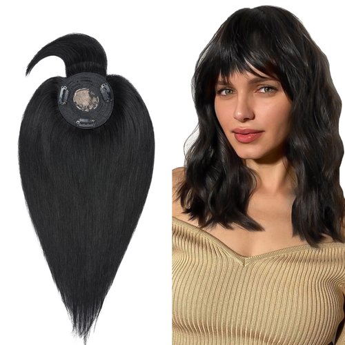 MY-LADY Top Hairpieces for Womem with Bangs Natural Mono Base Topper 100% Real Human Hair Clip in on Hair Piece Straight Middle Part for Hair Loss Thinning Hair Gray 10 Inch 1# Jet Black