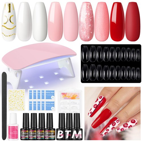 COSCELIA Gel Polish Kit with U V Light 4PCs Gel Nail Kit Glitter Pink Red with Matte/Glossy Top Coat Base Coat 100Pcs Nail Tips Nail Art Stickers Manicure Starter Kit Gifts for Women
