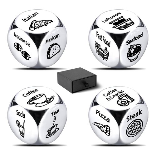 Ponpon 4Pcs Food Decision Dice, Metal Food Dice Game, Funny Gift for Couples Girlfriend Boyfriend Wife Husband on Anniversary Valentines Day Birthday Date Night