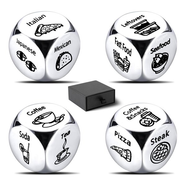 Ponpon 4Pcs Food Decision Dice, Metal Food Dice Game, Funny Gift for Couples Girlfriend Boyfriend Wife Husband on Anniversary Valentines Day Birthday Date Night