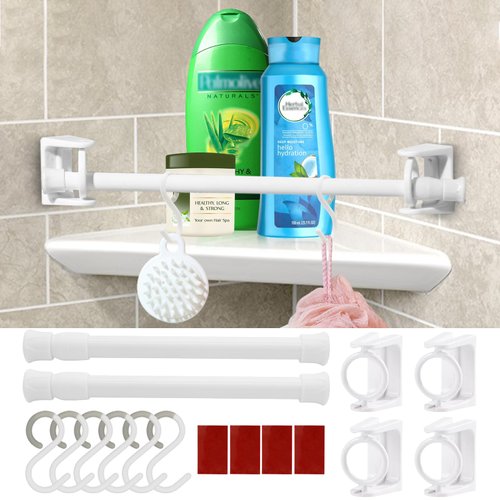 SUNCARACCL 2 Sets RV Camper Travel Trailer Bathroom Corner Storage Bar, Adjustable Spring Tension Rods with Rotatable Bracket and S-Hooks, RV Accessories for Inside for Securing Toiletries