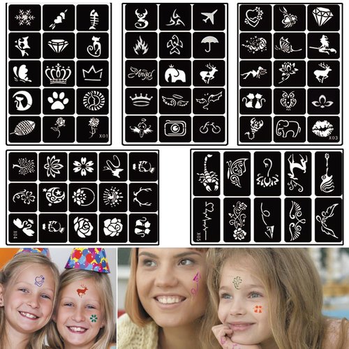 Xmasir 5 Sheets 70pcs Small Glitter Woman Drawing Tattoo Stencil, Kids Cute Airbrush Stencils & Templates