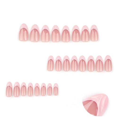 Foccna French Tip Press on Nails Almond - Press on Nails Short, Acrylic Fake Nails Pink 3D Design Nails Clear False Nail Tips,24pcs