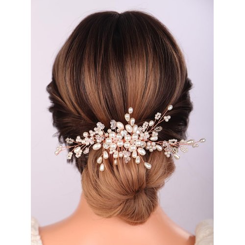 Teyglen Pearl Bride Wedding Hair Comb Flower Crystal Hair Piece Bridal Pearl Hair Comb Rhinestone Headpiece Hair Accessories for Women Girls (Rose gold)