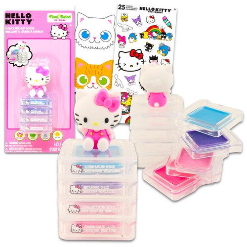 Hello Kitty Lip Gloss Set For Girls - Bundle with 4 Pck Hello Kitty Lip Gloss in Strawberry, Cotton Cand and More Flavors for Party Favors Plus Stickers | Hello Kitty Lip Gloss for Girls