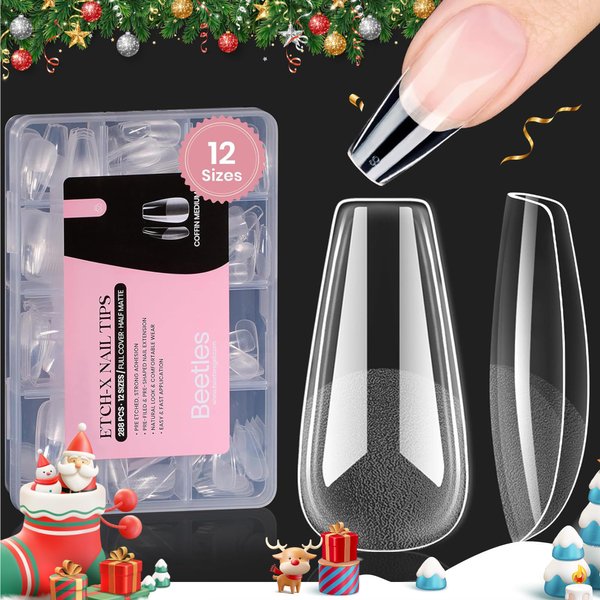 Beetles Gel Nail Tips Medium Coffin Etch X Nail Tips, 12 Sizes 288Pcs Pre Shaped Half Matte Gel Nail Tips Acrylic Tips Full Cover False Nails for Winter Christmas Nails Acrylic Fake Nails