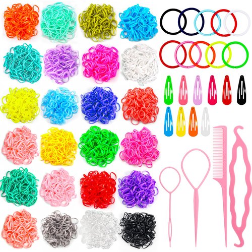 24 Colors Elastic Hair Ties, 1700 Pcs Colorful Small Rubber Bands with Styling Tools - Baby Toddler Hair Accessories Gift Set