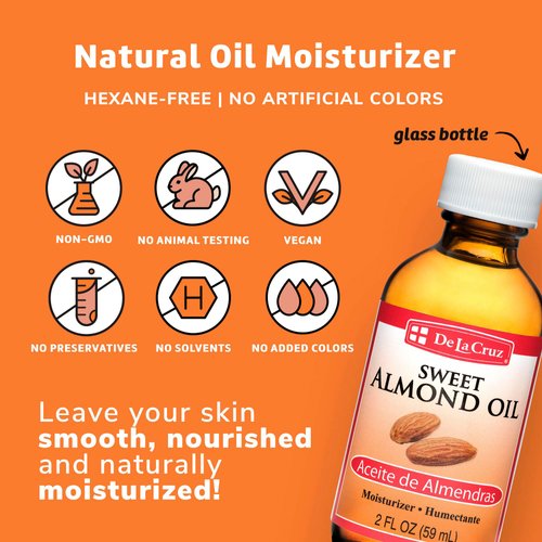 De La Cruz Sweet Almond Oil - Expeller Pressed Almond Oil for Skin and Hair 2 FL. OZ. (59 mL)