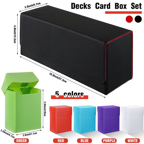 Silkfly 6 Pieces Deck Card Storage Box, 1 Leather Deck Case with 5 Plastic Decks Card Boxes Playing Deck Cards Box Compatible with MTG TCG Commander Card (Black and Red)