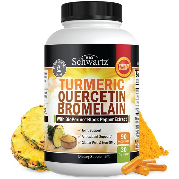 Turmeric Supplement with Quercetin Bromelain (90 Capsules) Natural Immune and Joint Support with BioPerine Black Pepper for Max Absorption - Organic Tumeric Curcumin (Vegan Safe, Non-GMO) 30 Servings