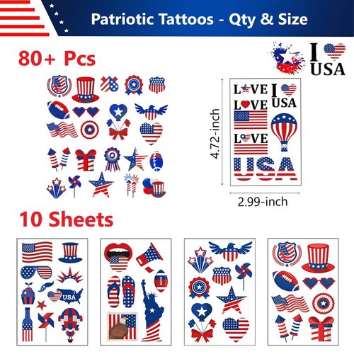 Masper 10 Sheets USA Tattoos Temporary, 80 Patriotic Tattoos, 4th of July Temporary Tattoos, American Flag Red White and Blue Tattoos, USA Face Tattoos