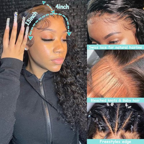 20Inch Deep Wave Lace Front Wigs Human Hair-13x4 HD Transparent Deep Wave Frontal Wigs Human Hair Glueless Curly Wigs for Women 180% Density Curly Lace Front Human Hair Pre Plucked with Baby Hair