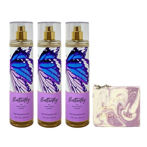 Bath & Body Works Butterfly 3 Pack Fine Fragrance Mist Bundle with a Lavender Dream Bar Soap - Full Size