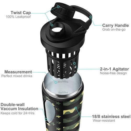 Stainless Steel Shaker Bottle with Noise-Free Design - Patented 24 oz Insulated Metal Shakers Bottles Cup for Protein Mixes and Pre Workout 100% Leak Proof (Camouflage Flag)