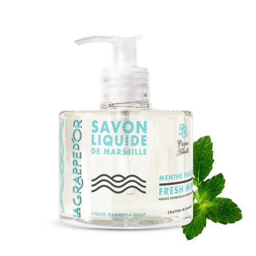 La Grappe d'Or Fresh Mint Marseille Hand Soap with Essential Oils | Handmade in France from Moisturizing Organic Olive & Coconut Oil | Natural, Cruelty-Free & Vegan, 11.10 oz Liquid
