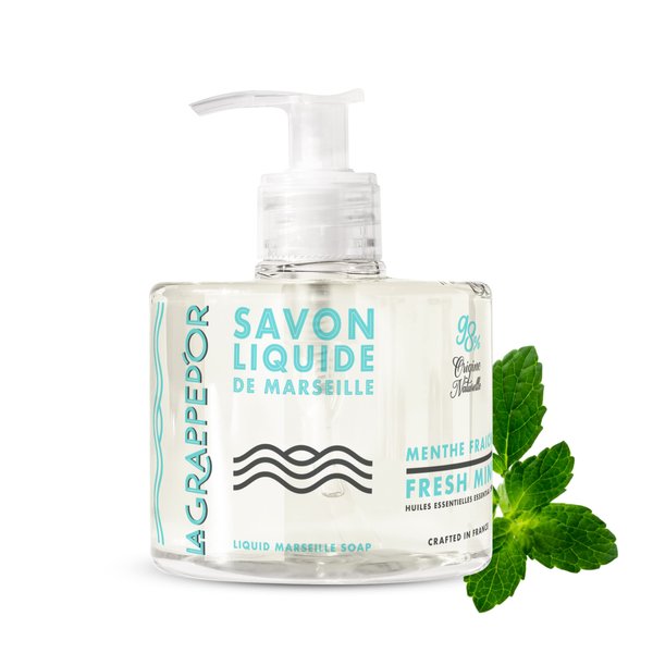 La Grappe d'Or Fresh Mint Marseille Hand Soap with Essential Oils | Handmade in France from Moisturizing Organic Olive & Coconut Oil | Natural, Cruelty-Free & Vegan, 11.10 oz Liquid