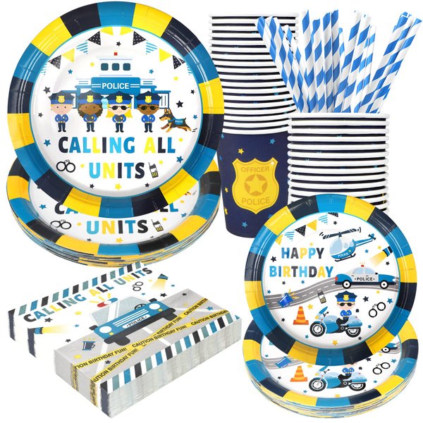 Police Party Supplies Decorations, Police Officer and Car Theme Birthday Paper Plates and Napkins Set with Cups and Straws for 24 Guests, 120 Pcs Disposable Party Dessert Dinnerwares