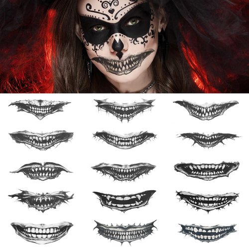 Buouo Halloween Prank Makeup Temporary Tattoo, 12pcs Clown Horror Mouth Fake Tattoo Stickers for Adults Kids, Halloween Decorations Tattoos Decals Kits Prank Props for Halloween Cosplay Party Style A