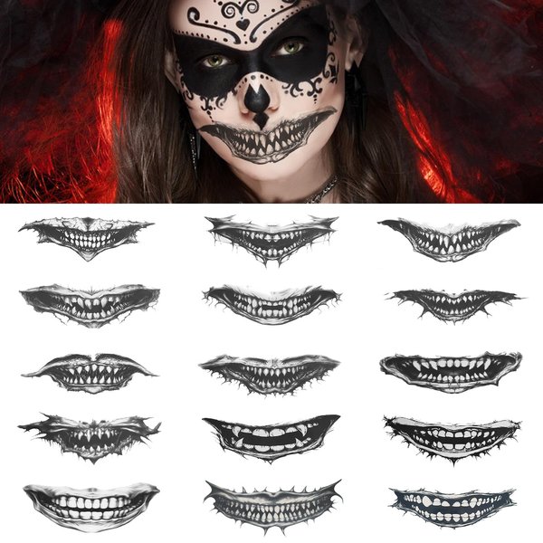 Buouo Halloween Prank Makeup Temporary Tattoo, 12pcs Clown Horror Mouth Fake Tattoo Stickers for Adults Kids, Halloween Decorations Tattoos Decals Kits Prank Props for Halloween Cosplay Party Style A