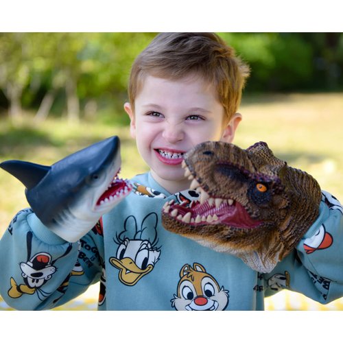 Gemini&Genius Tyrannosaurus & Shark Hand Puppets Dinosaur and Marine Animal World Action Figure Set Funny & Scared Head Hand Puppets for Home, Stage and Class Role Play Toys