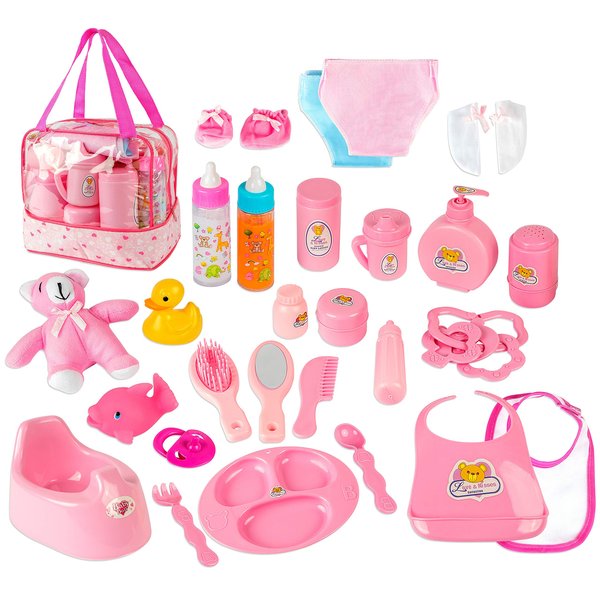 fash n kolor Doll Feeding Set | Set Includes Baby Doll Accessory's, Doll Diapers, Diaper Bag, Magic Bottles, Potty and Bath Toys | 26 Changing and Other Accessories for 3+ Years Kids