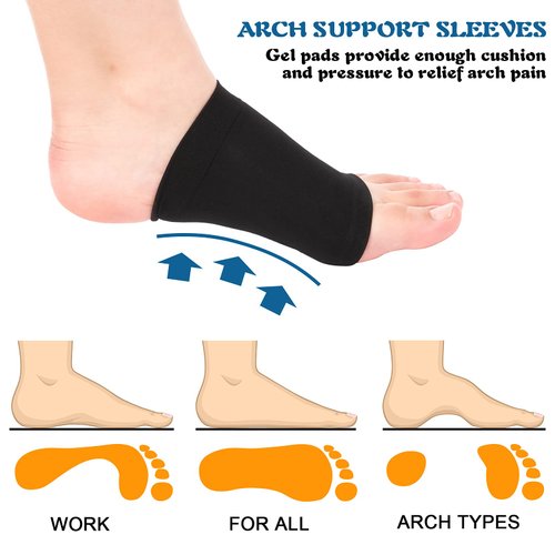 Nuanchu 4 Pairs Compression Arch Support Sleeves with Gel Pad Inside Metatarsal Compression Arch Support Brace Cushioned Gel Foot Sleeves for Women Men Flat Foot Pain Relief (Black)