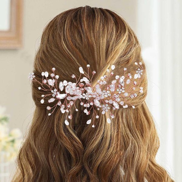 EASEDAILY Bead Bridal Hair Vine Rose Gold Rhinestone Wedding Headpiece Crystal Hair Accessories for Women and Brides