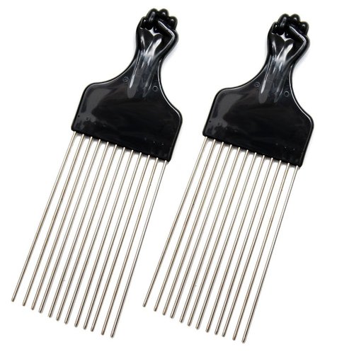 Luxxii (2 Pack) 8" Long Black Fist Metal Afro Pick Lift Hair Comb Detangle Wig Braid Hair Man Styling Comb