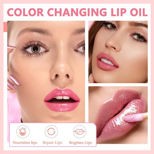 Magic Color Changing Lip Oil,Hydrating Shimmer Lip Glow Oil,Moisturizing Lip Oil Glossy Transparent Plumping Lip Gloss,Warm Change Tinted Lip Oil for Lip Care and Dry Lips (#2 Shimmer Color Changing)