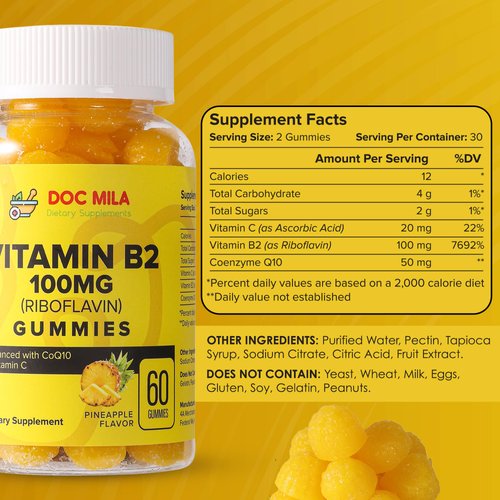 Doc Mila Vitamin B2 100mg Gummies for Adults and Kids - Riboflavin 100 mg Gummy - Migraine Relief Supplement - VIT B2 Supplements