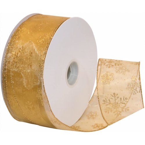Morex Ribbon 7405.60/50-634 Snowflake 2.5&quot; X 50 YD Nylon Sheer Wired Glitter Ribbon, Gold, Ribbon...